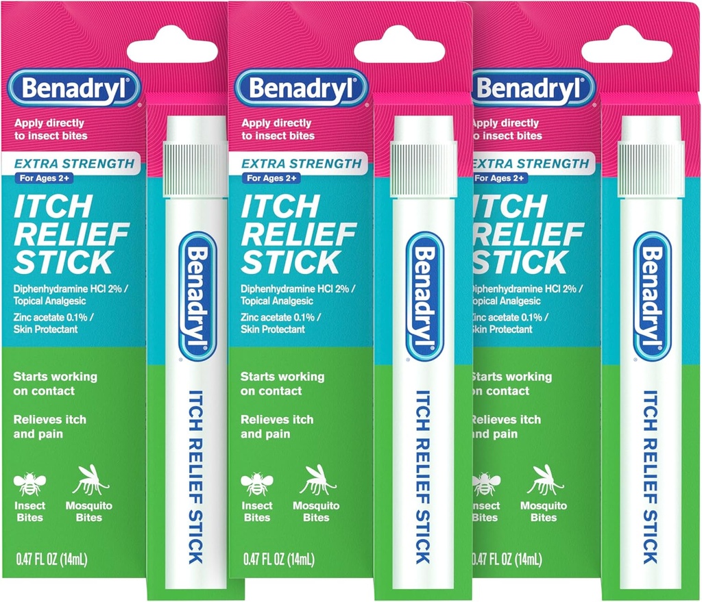 Benadryl Extra Putere Anti-Itch Relief Stick, Bug Bite Mâncărime Relief, Difenhidramină HCl Topic Analgezice & zinc acetat Protejant de piele, mare pentru Camping Essentials, 0.47 fl oz (Pachet de 3)