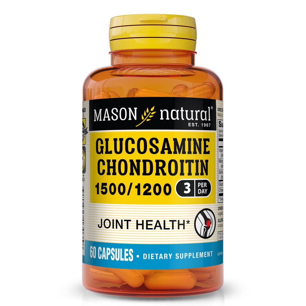 MASON NATURAL Glucosamină Chondroitin 1500/1200 cu vitamina C, sprijină sănătatea comună pentru flexibilitate normală și mobilitate*, 60 capsule