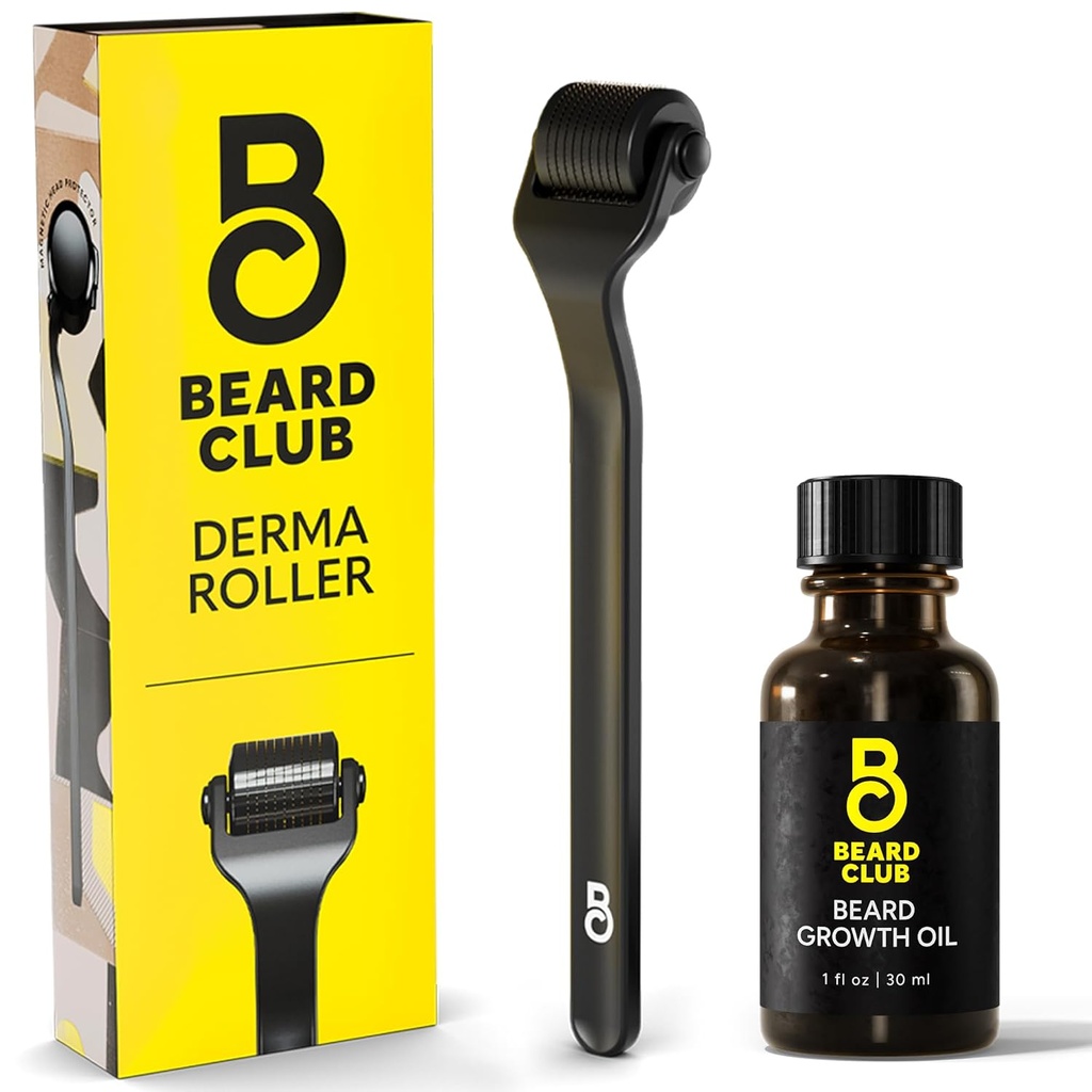Barbă Club Derma Roller & Barbă de creștere ulei - Microneedling Roller cu 540 Titanium Microneedles pentru Face, Body & Scalp - Barbă Roller cu lemn de sandale și Cedar Barbă ulei