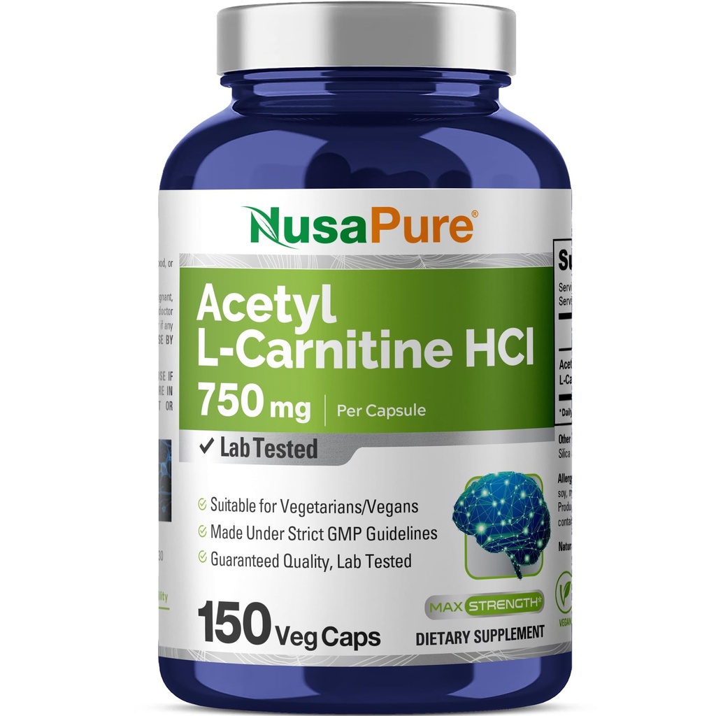 NusaPure Acetil L-Carnitina 750 mg per Caps 150 Capsule Veggie (Non-GMO, Vegan)