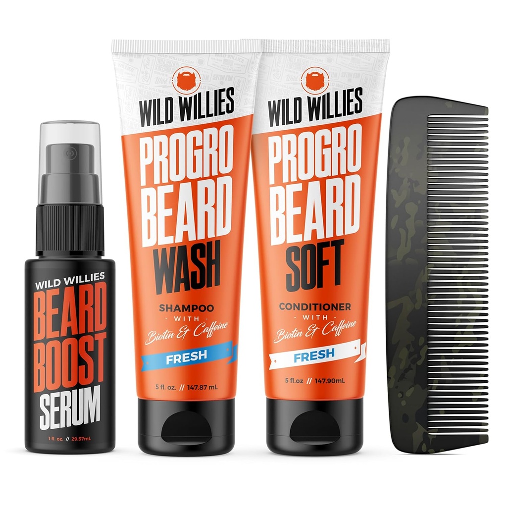Wild Willies Beard Kit de îngrijire, Biotin Fortified Shampoo și balsam cu cafeina, Două biberoane 4-Oz, promovează o creștere sănătoasă barbă