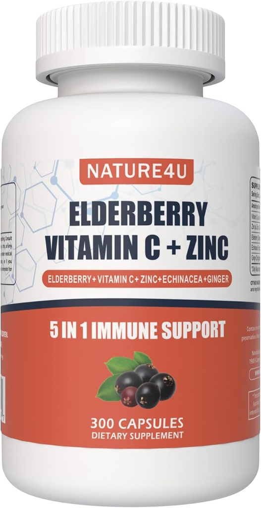 5 din 1 Supliment de sprijin imun de elderberry, Boostere imune zilnice pentru adulți Supliment antioxidanți, Elderberry 1000 mg, Vitamina C, Zinc, echinacea, Ginger, 300 capsule Vegan - 5 luni