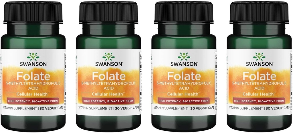 Swanson Folate 5-metiltetrahidrofolic Acid - potenţă ridicată, forma bioactivă 800 mcg Dfe 30 Veg Caps (4 ambalaj)