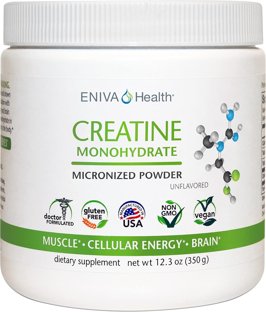 Eniva Health Creatine Monohidrat Powder, Aminoacid, Micronized Powder, 70 Servings 5 G 12,3 oz, Muscle Support, Muscle Growth, Cellular Energy, Cognitive Focus, Ultra-Pure, Pharmaceutical Grad