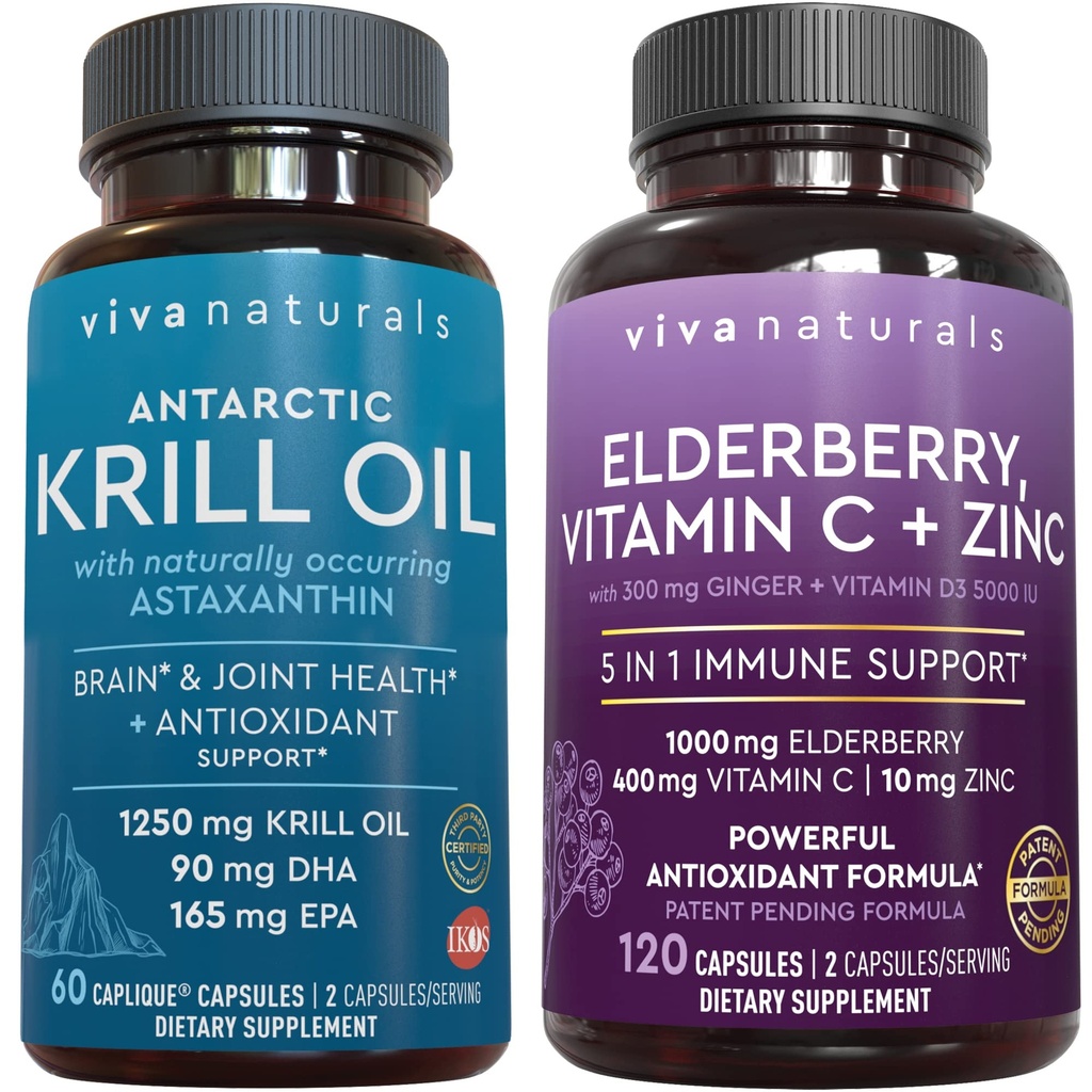 Viva Naturals Antarctic Krill Oil and Elderberry, Vitamina C, Zinc and Vitamina D3 5000 UI Bundle, 1250 mg de Krill Oil Providing Omega 3 EPA și DHA pentru sănătate comună, Elderberry for Immune Support