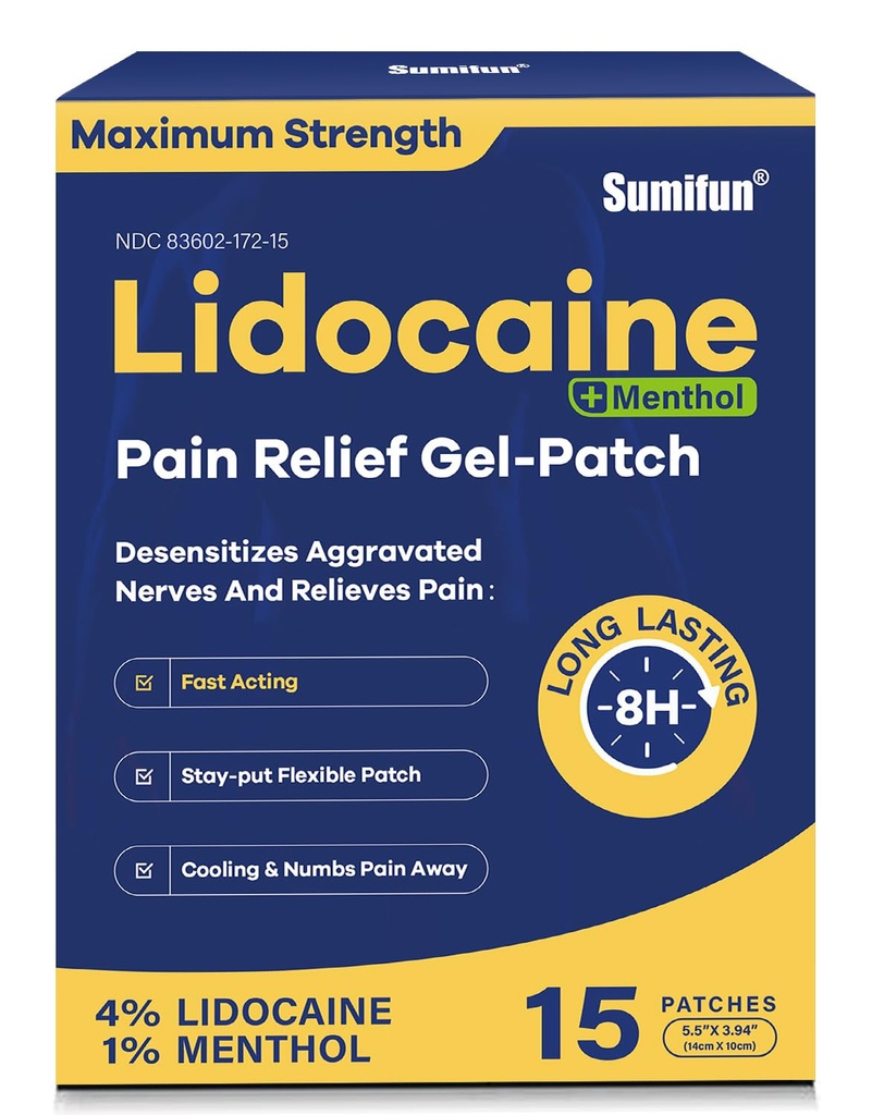 Sumifun 4% Lidocaină Patches Plus 1% Mentol - 15 Counts Putere maximă OTC Durere de relief patch-uri pentru spate Ache Stiff gât dureri articulare dureri musculare Durere Topical Analgezice