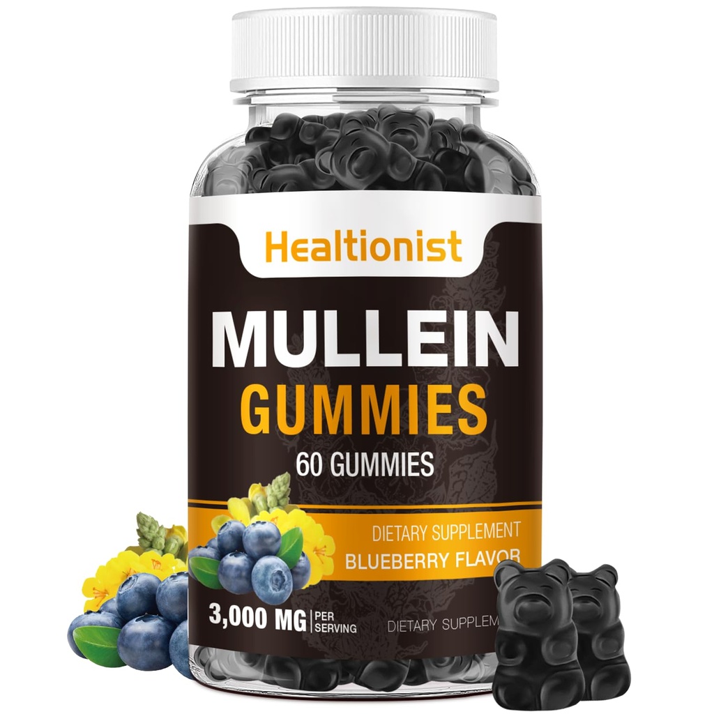 1 pachet de zahăr gratuit Mullein Gummies - Lung Cleanse, 3000MG Mullein Supliment pentru respiratorii, Organic Mullein picături Gummy cu Querbetin & Bromelain pentru Lung, Digestive Health & Immune 90Ct