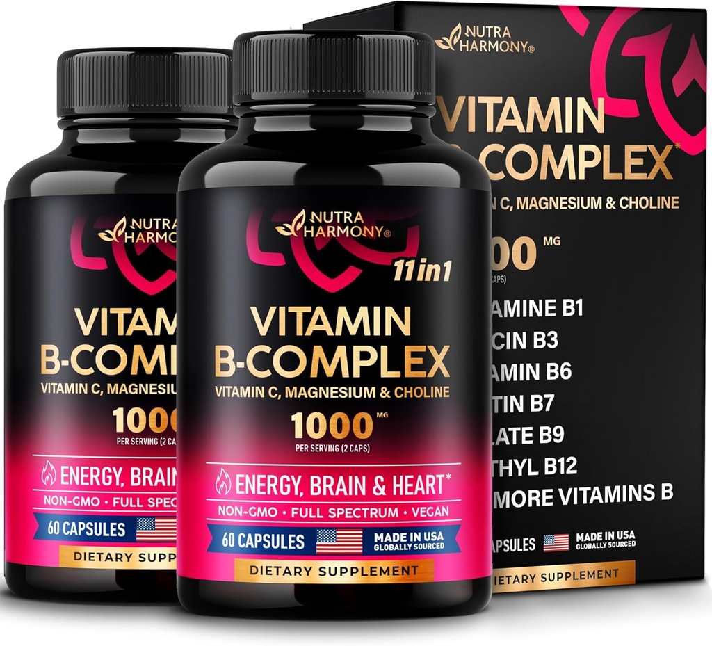 Complex de vitamina B pentru barbati si femei - Made in USA - 11-in-1 B-complex: B1, B2, B3, B5, B6, B7, B8, B9, B12 cu vitamina C, Choline, Inositol - Energie, Brain & Heart Supplement - Pachet de 2