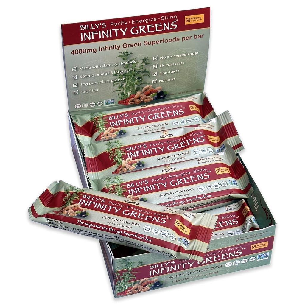 Infinity Greens Superfood Baruri, Plant based Meed Replacement Bar cu 4000mg Infinity Greens Superfood Powder, Organic, Raw, Gluten Free, Non MMG (12 Baruri)
