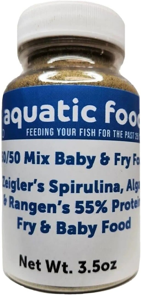 Aquatic Foods Inc. 50/50 Mix of Spirulina/Algae Powder and Rangen's Soft Moist 55% Proteine Koi & Tropical Fry Fry Floating Food...3,5oz Bottle