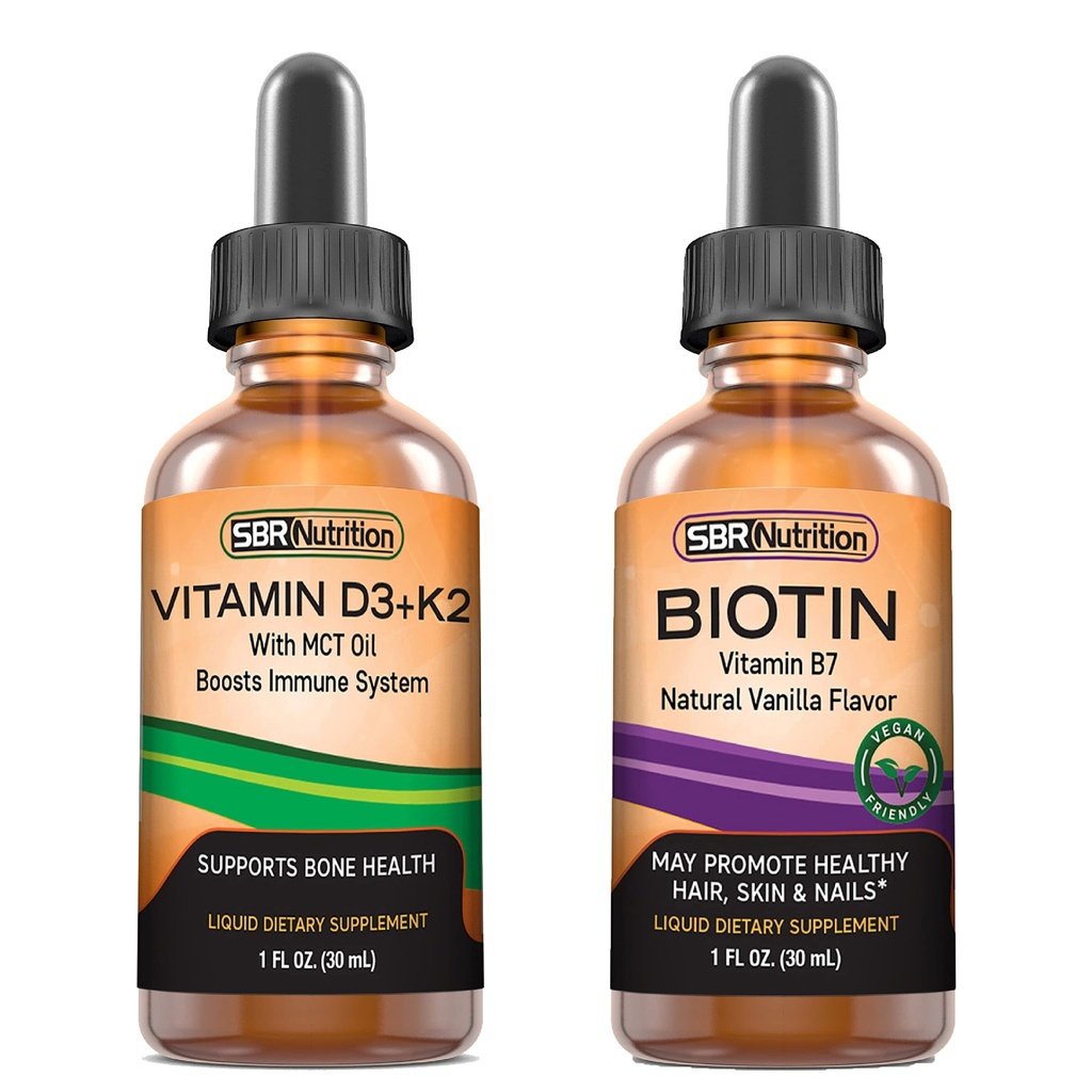 SBR Nutriţie D3+K2 şi Biotin Bundle Vitamina D3K2 (MK7) Picături lichide, Peppermint, 1oz 