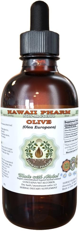 Extract lichid fără alcool din măsline, măsline organice (Olea europaea) Glicerite frunze uscate Suplimentul natural din plante, Hawaii Pharm, SUA 2 fl.oz