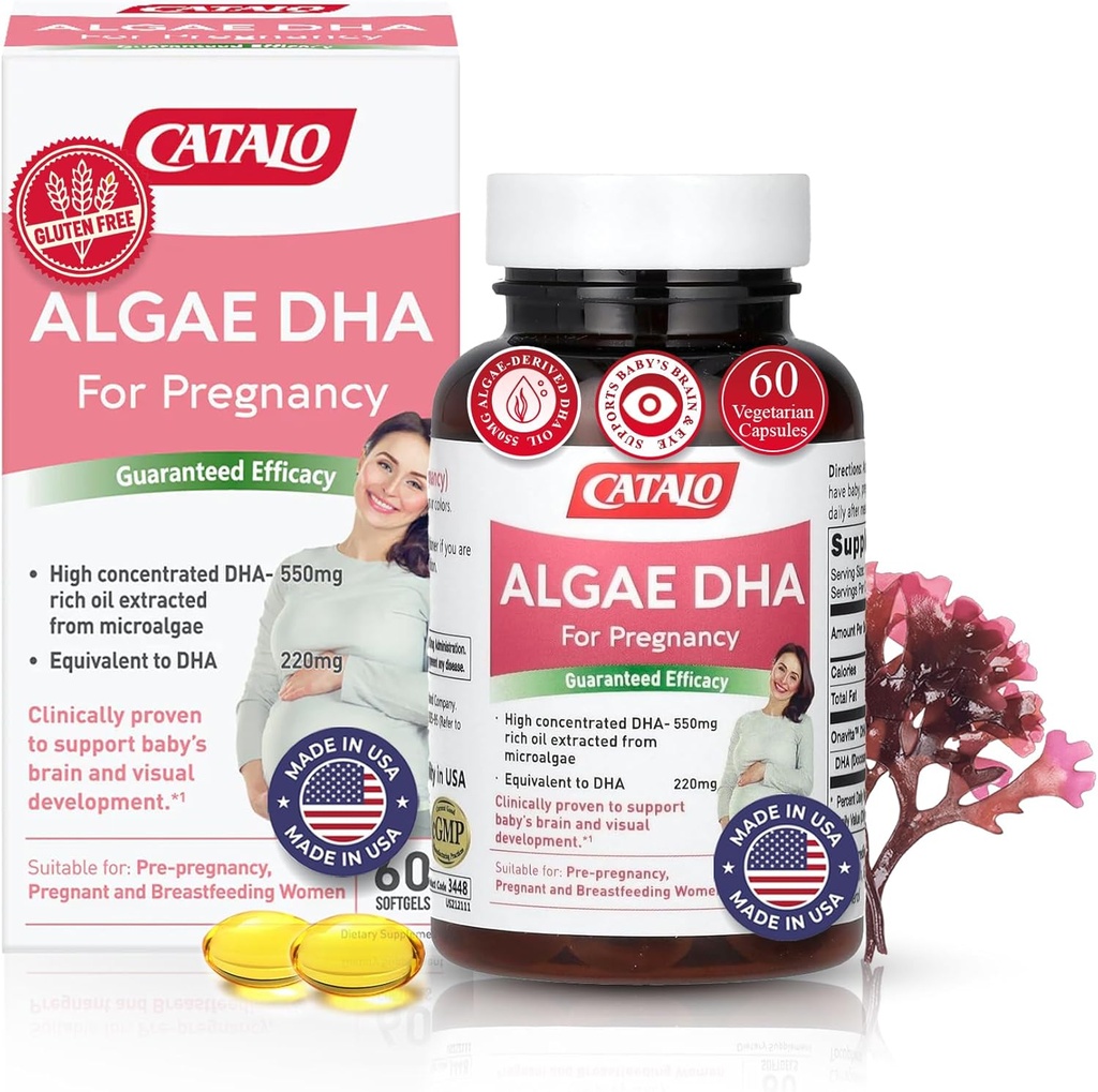 CATALO OMEGA 3 Algae DHA pentru femei - 550mg ulei DHA-Rich din microalge, Ideal pentru prenatal, Sarcina & Alaptare, Softgels vegetarian, Gluten-Free - 60 Softgels