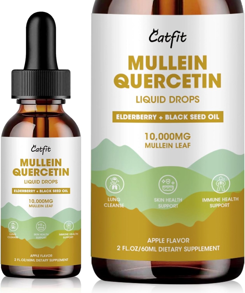Catfit Picături de drenaj limfatic pentru plămâni - Mullein Extract de frunze Supliment lichid - Lung Curățenie pentru fumatori - Tinctură puternic Mullein pentru suport imun, piele și de sănătate respiratorie - 1 Fl Oz