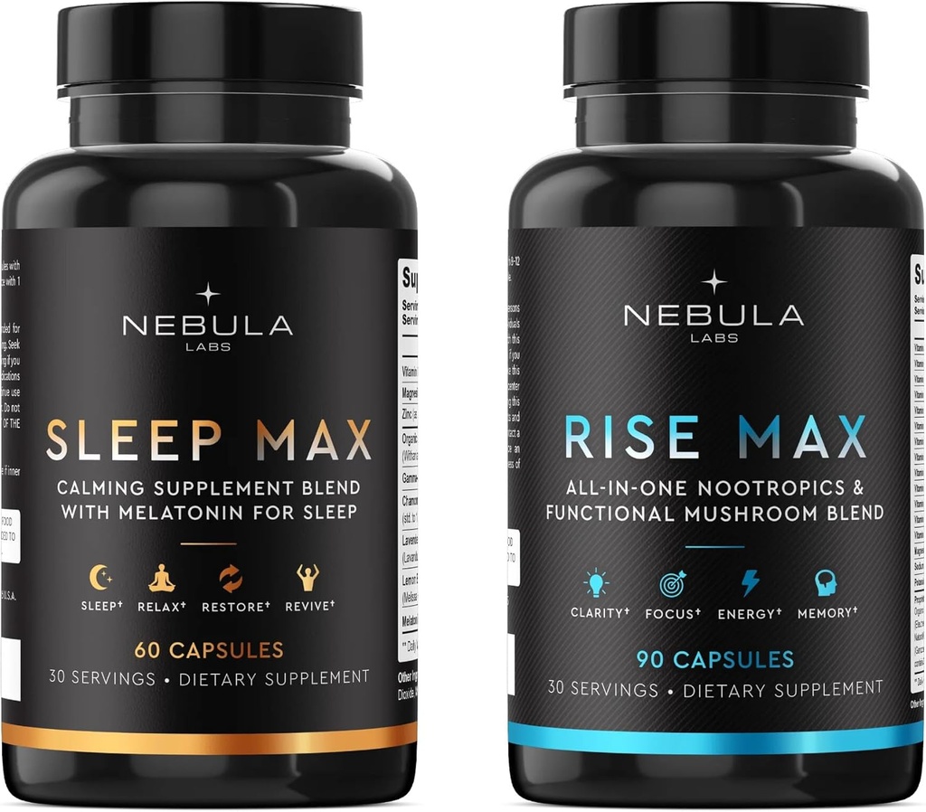 Bestseller Sleep MAX & Rise Max Professional Bundle All-in-One Nootrops & Functional Mushroom Blend & Calmant Blend for Sleep