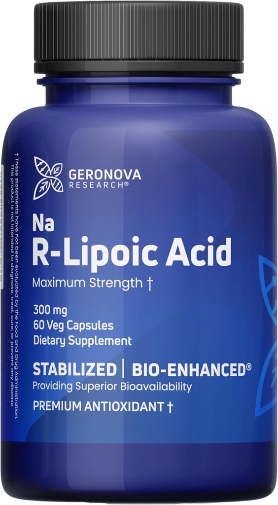 Geronova Research Bio-Enhanced R-Lipoic Acid, capsule 300 mg - 2 luni de aprovizionare - Stabilizat R Acid alfa lipoic cu absorbţie sporită - Supliment acid lipoic - 60 număr