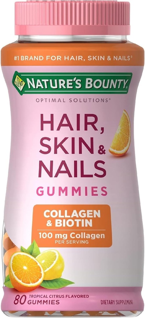 Natura's Bounty Hair, Skin & Nails with Biotin and Colagen, Supports Hair Skin and Nail Health, 2500 mcg, Citrus Flavored Gummies, 140 Ct