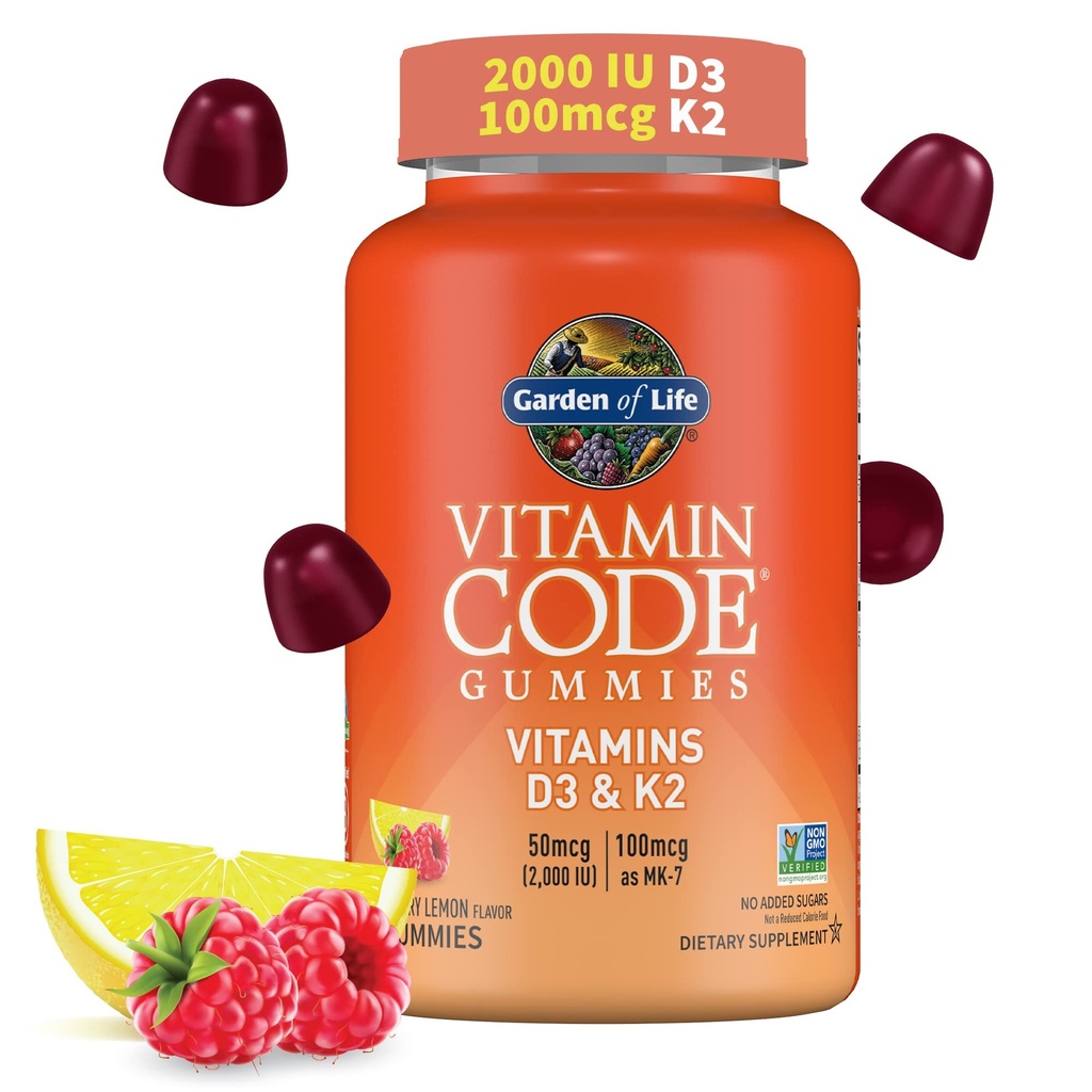 Gradina de viata Cod Vitamina D3 & K2 Gume cu prebiotice si probiotice - sanatate osoasa, sanatate imuna, si suport digestiv, non-GMO, gluten-gratuit, aroma de zmeura, 45 Gummies