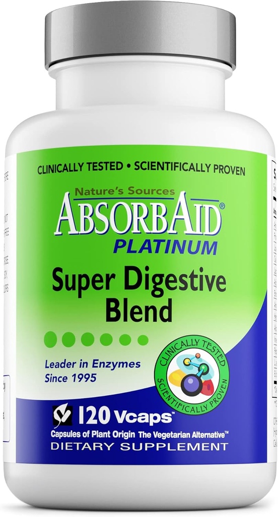 AbsorbAid Platinum Digestive Enzyme Support 120 vCaps, 12 enzime digestive Plus 2 Probiotice pentru ajutor maxim