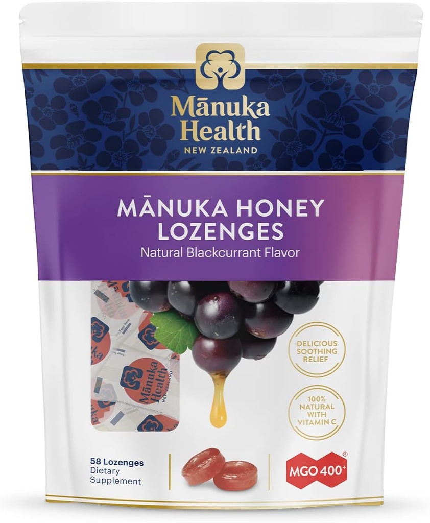 Manuka Health Manuka Honey Throat Lozenges - Blackcurrant aroma Lozenges, 58-Count - Drops tuse Infuzat cu crud Manuka Honey & Vitamina C pentru suport imun