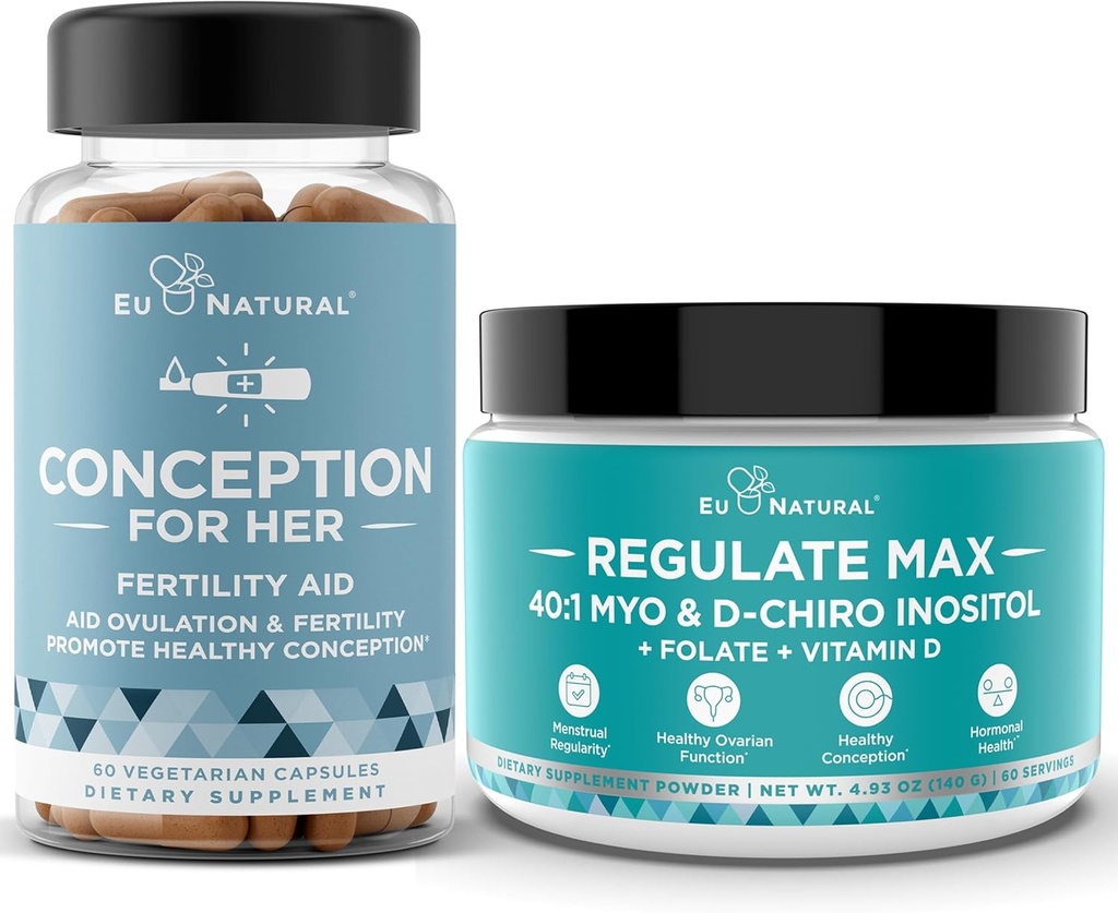 Concepţia pentru capsulele ei + Regulează MAX Myo-Inositol D-Chiro Inositol pulbere - Suport de fertilitate, Echilibrul hormonului, Cicluri Regulate - 60 Capsule moi vegetariane + 60 Servings Pulbere