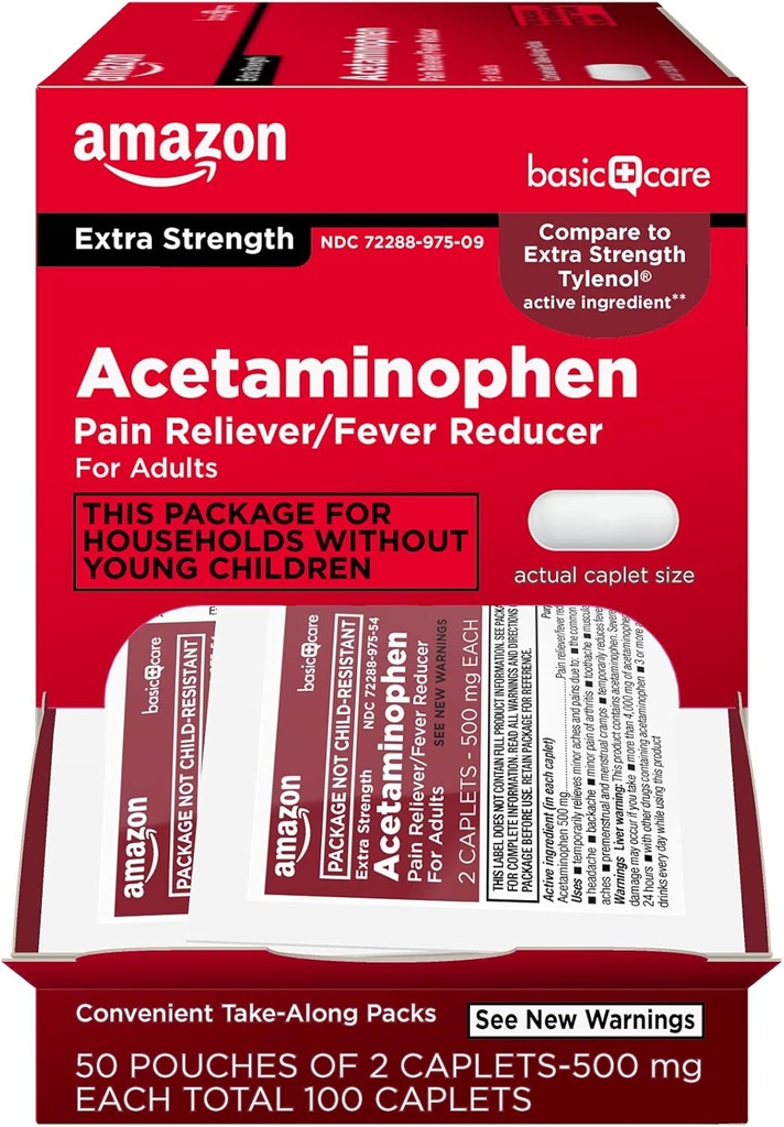 Îngrijire de bază - Acetaminofen Caplet suplimentar 500 mg, 100 Count (50 pungi de 2 caplete)