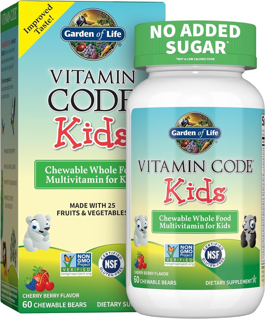 Gradina de viata Vegetarian Multivitamine Supliment pentru copii - Vitamina Cod pentru copii Chembable Alimente crude Vitamina cu Probiotice, 60 Ursi masticabili