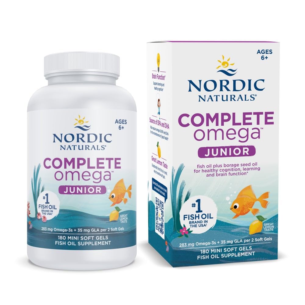 Naturals Nordic Complete Omega Jr., Lemon - 180 Mini Gels Soft - 283 mg Total Omega-3s & 35 mg GLA - Cogniţie sănătoasă, Funcţia Sistemului Nervos - Non-GMO - 90 Servings