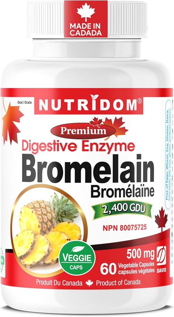 Nutridom Bromelain Digestive Enzyme Supplements, 2400 GDU, 500mg, Non-GMO, Vegan, Free of Gluten, Soy & Dairy (60 Conte)
