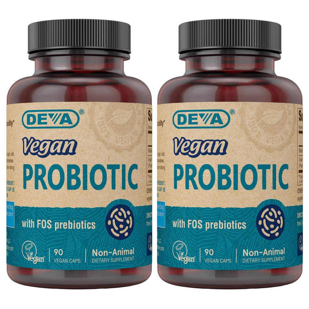 DEVA Vegan Probiotic cu supliment de prebiotice FOS - 2 miliarde CFU cu 100 MG de prebiotice per servire pentru bărbaţi şi femei - non-Dairy Gluten gratuit - natural de valabilitate stabil - 90 capsule (Pachet de 2)