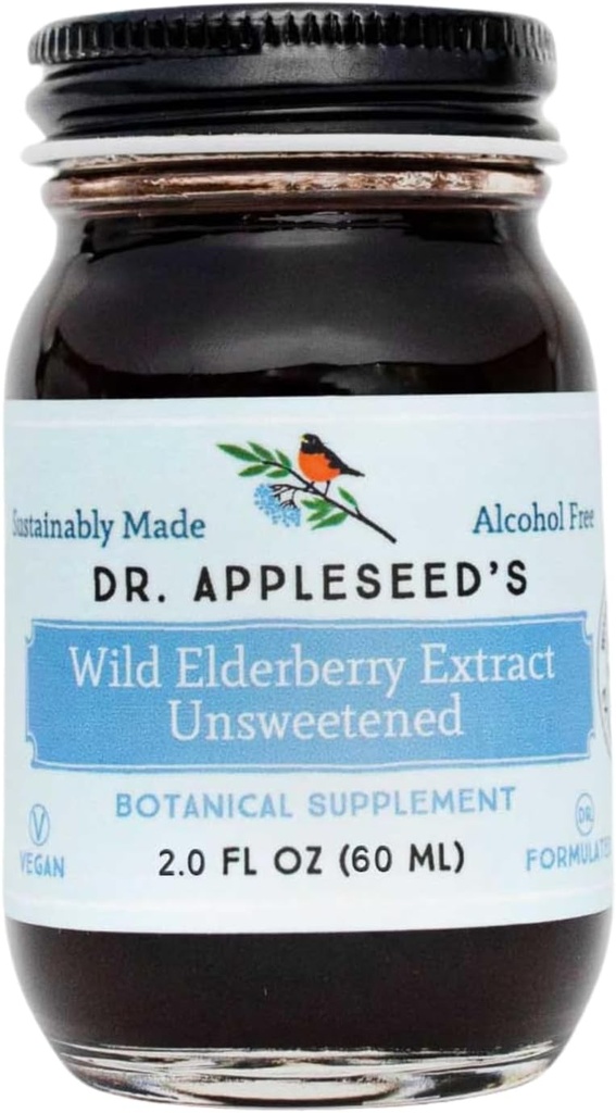 Extract de elderberry sălbatic Dr. Appleseed Neîndulcit Putere Max 720mg Copii + Adulți Daily Immune Supliment Doctor-știință Formulat Pure Vegan 25 zi Aprovizionare 