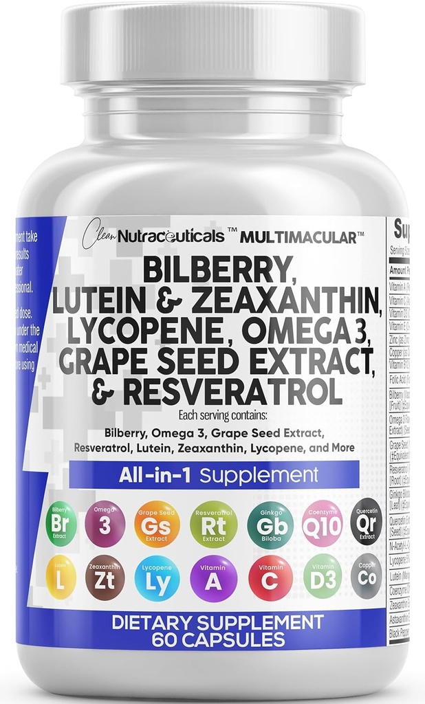 Clean Nutra Eye Vitamine cu Bilberry Lutein și Zeaxanthin Suplimente Lycopene 40mg Resveratrol Seminte de struguri Astaxanthin pentru ochi - Îngrijirea ochilor Sănătate Suport ochi Vitamina si Suplimentul mineral