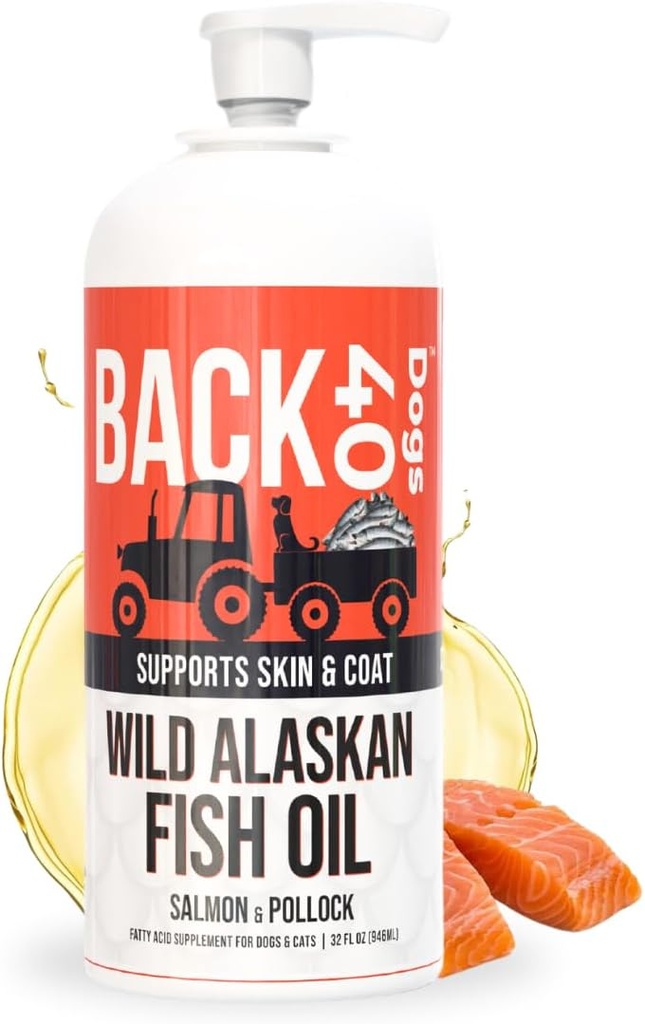 BACK 40 Câini sălbatice Alaska ulei de pește pentru câini, piele și haina Supliment pentru câini și pisici, Omega-3-Rich Salmon și ulei Pollock, EPA & DHA Dog Salmon ulei pentru creier, inimă și articulații 32 fl oz
