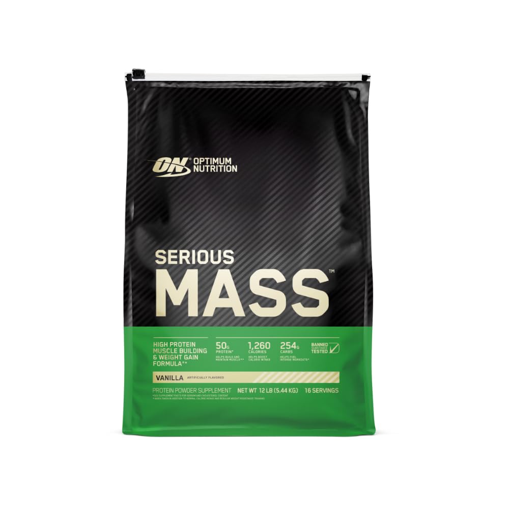 Optimum Nutriție Serious Mass Gainer Pulbere de proteine, vitamina C și zinc pentru suport imunitar, Vanilie, 12 Lire (Packaging May Vary)