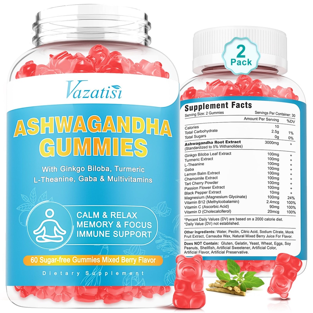 2 Pack Ashwagandha Gumies cu energie de moda si suport imunitar GABA Turmeric, Flavor mixt Berry 120 Cts