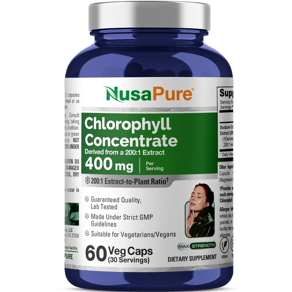 NusaPure Clorofill 200:1 Extract, 400 mg echivalent cu 80.000 mg 60 Veggie Caps (Equivalent 80000 mg per Serving, Non-GMO, Vegan) Clorofilină de cupru de sodiu