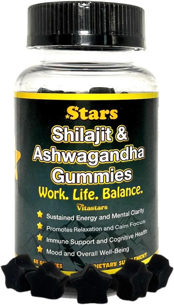 Shilajit Ashwagandha Gummies - Supplement de suport imunitar cu Pure Shilajit Resin - Gummy organic Ashwagandha pentru stres, energie & Wellness, 60 naturale Star-Shaped Gummies
