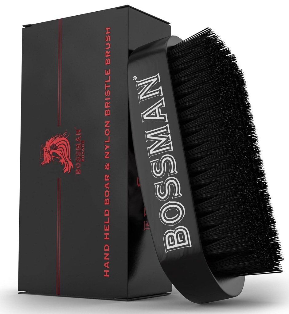 Perie Bossman Beard pentru bărbați - mână de mână Hold Boar & Nylon Bristle Brush - Detangling Brush pentru îngrijirea bărbii și părului