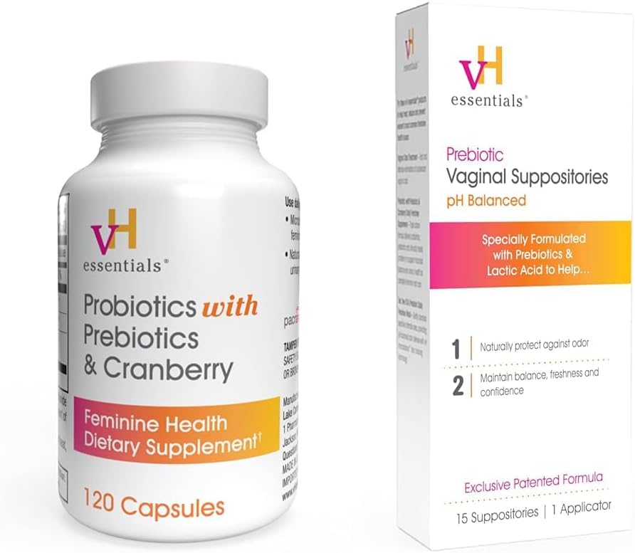 VH esenţiale Probiotice cu Prebiotice şi Cranberry Feminine Health Supplement - 120 Capsule (544-36) & Prebiotic PH Balanced Vaginal SacertoriesBox, Versiune originală, 15 Conte