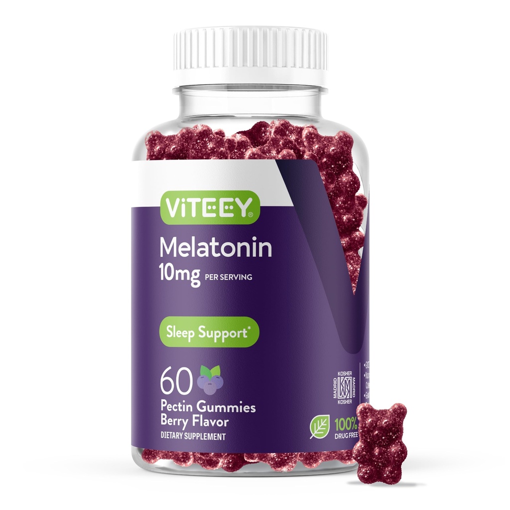 Viteey Melatonin Gummies 10mg - Gume de somn pentru adulți Melatonina Extra Putere - Vegan, OMG gratuit, Gluten gratuit - 60 Conte