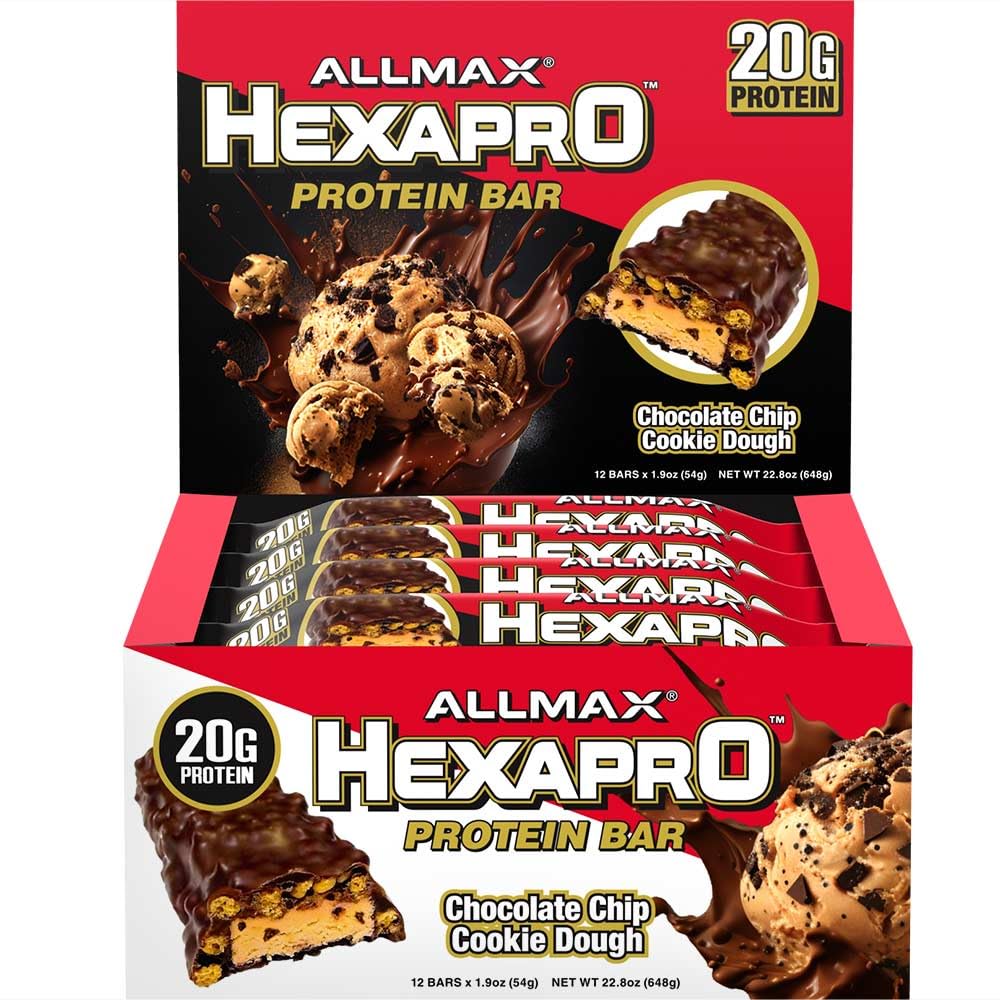 ALLMAX HEXAPRO PROTEIN BAR, Chocolate Chip Cookie Dough - Pachet de 12 - High-Protein Energy Snack - 20 g de proteine per bar - Cu proteine izolate Whey