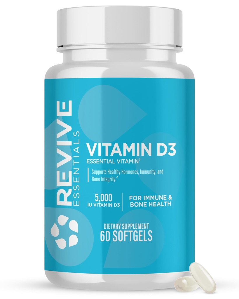 Revive MD Vitamina D3, 5000 UI - High Potence Colecalciferol pentru suport imun, Absorbție de calciu, Sănătate osoasă și musculară - Supliment alimentar non-GMO cu nici Fillers - 60 Softgels