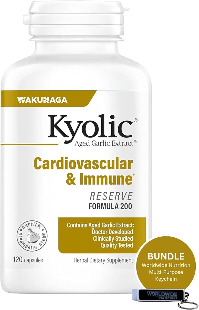 Nutriție mondială Bundle Compatibil cu extract de usturoi Kyolic, cardiovascular și imun - Reserve Formula 200, capsule de extract de usturoi vechi Kyolc 120 Conte și lanț cheie multi-purpose