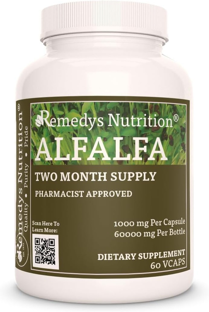Remediul de Nutriţie Alfalfa - 1000 mg, 60 capsule Vegane Supliment alimentar Herbal - Două luni de aprovizionare