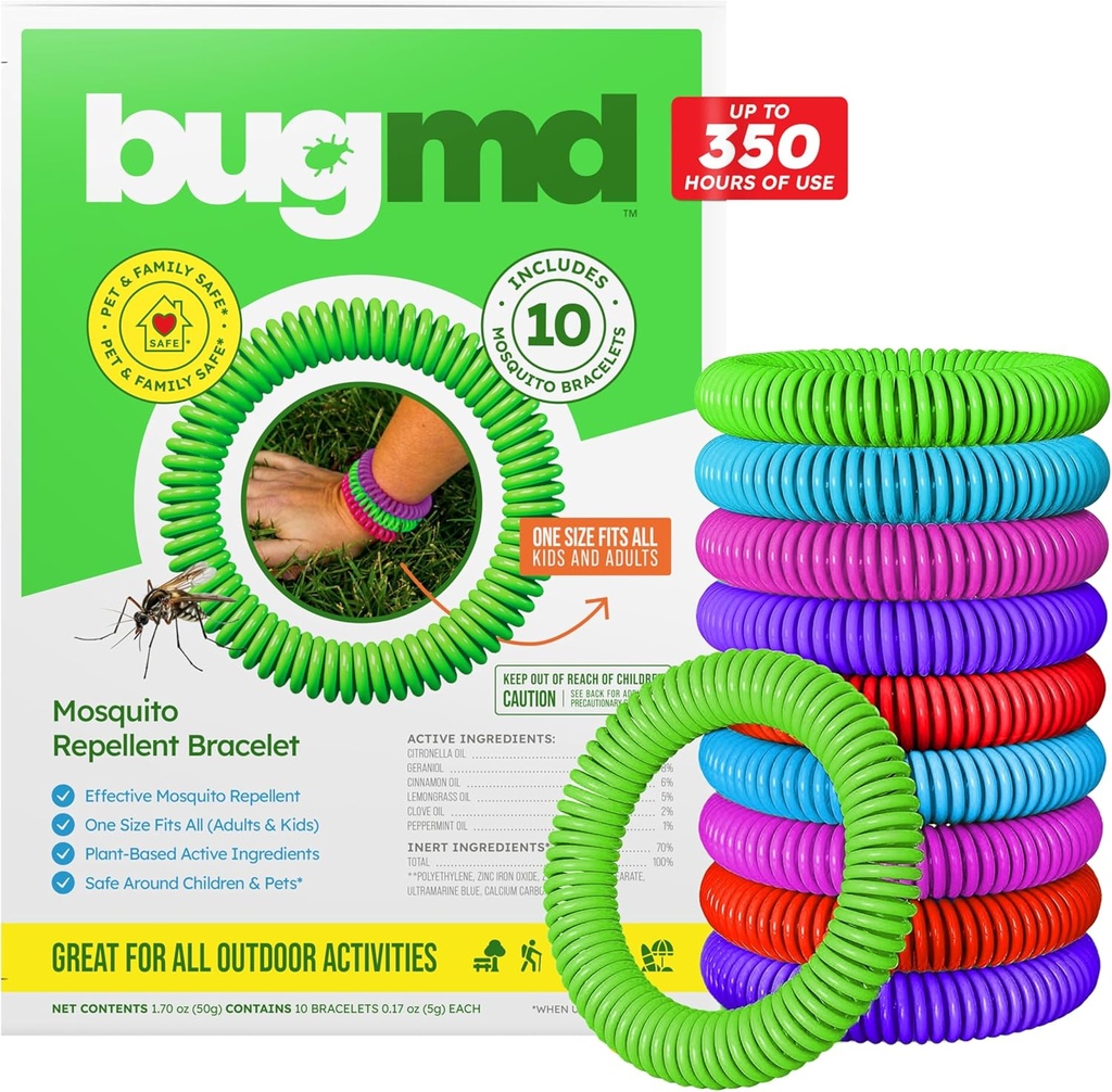 BugMD 10 Pack Brățari țânțari, Bande Deet-Free pentru adulți și copii, Brățări naturale și impermeabile Citronella pentru camping, Drumeții, Plaja, Travel & Outdoor esențiale