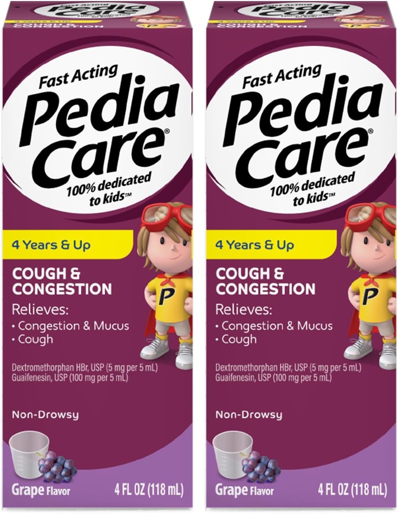 Copii Tuse & Congestie Medicină lichidă pentru tuse, congestie toracică și simptome de mucus rece, non-drowsy, Vârste 4+, Aroma de struguri, 4 fl oz (2 ambalaj)