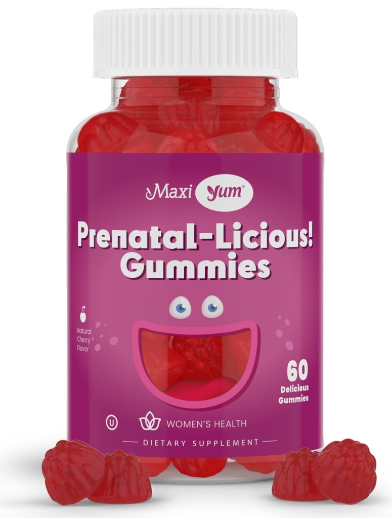 Maxi Sanatate Femeilor Gumiile Organice Prenatale - Cherry Kosher Aromated Pre Natal Gummy - Vitamine prenatale pentru femei cu acid folic si fier pentru Dezvoltare Fetala, 60 Conte
