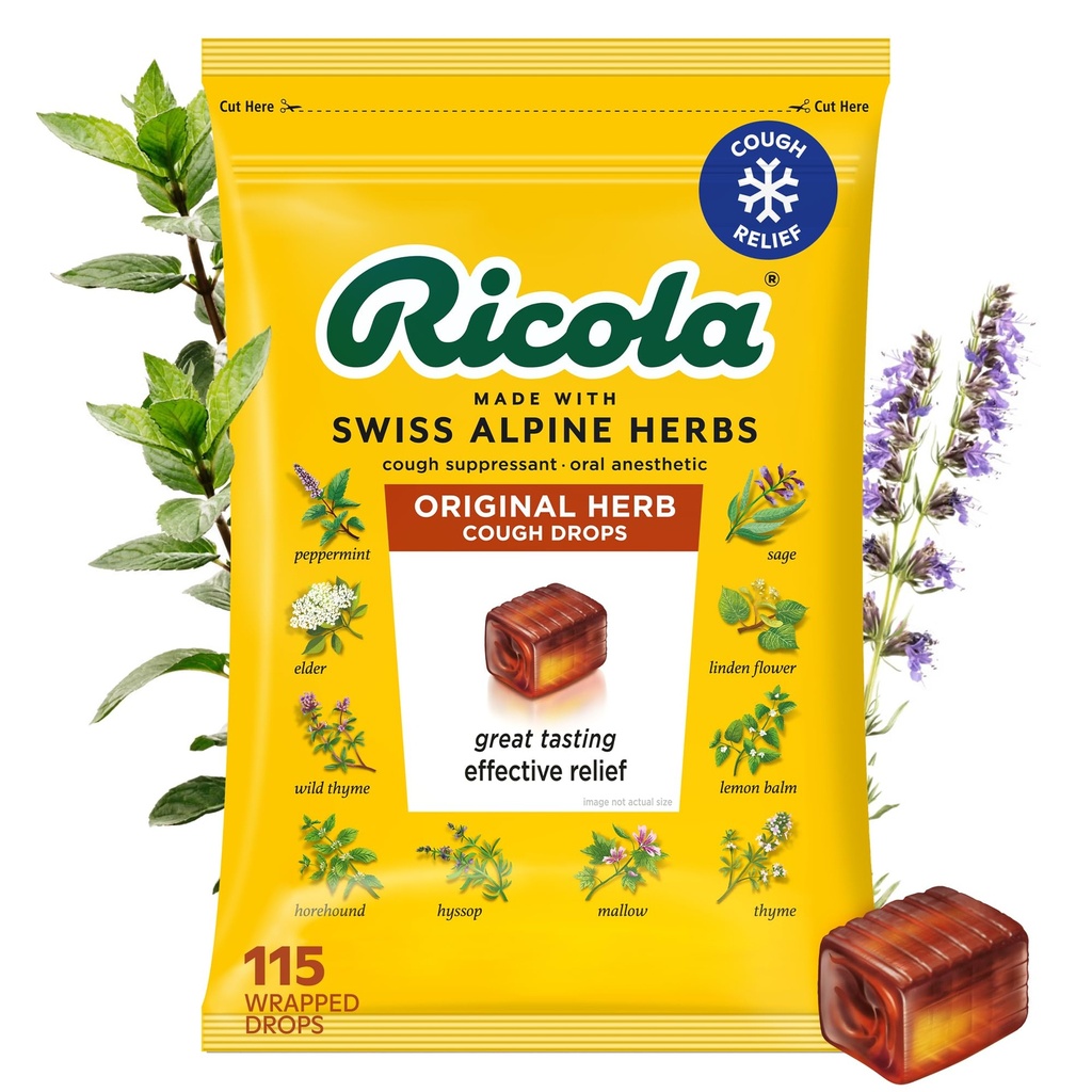 Ricola Original Herb Cough Drops, 115 Count, Tuse Suppressant & Throat Relieving Drops with Natural Sourced Menthol, Pleasing Herbal Gust for Coughs & Throat Irritation Symptom Relief