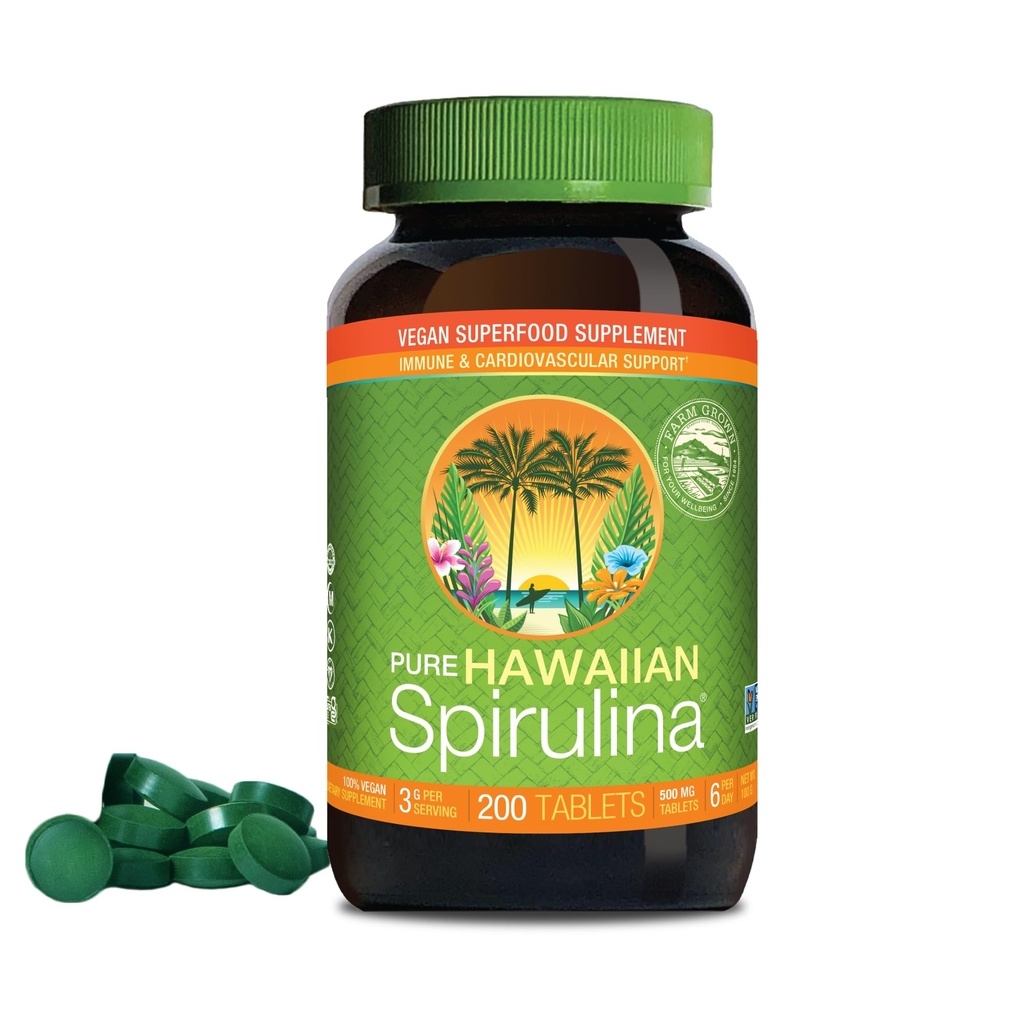 Nutrex Hawaii, Pure Hawaiian Spirulina 500 mg, Vegan, Sprijină Sistemul imunitar, Inima, Celule și Energie, 200 Tablete