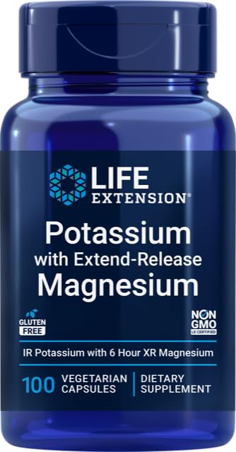 Extensie de viață 99mg Potasiu cu Extend-Release Magneziu 250mg, 100 Veg Caps - Gluten-Free 